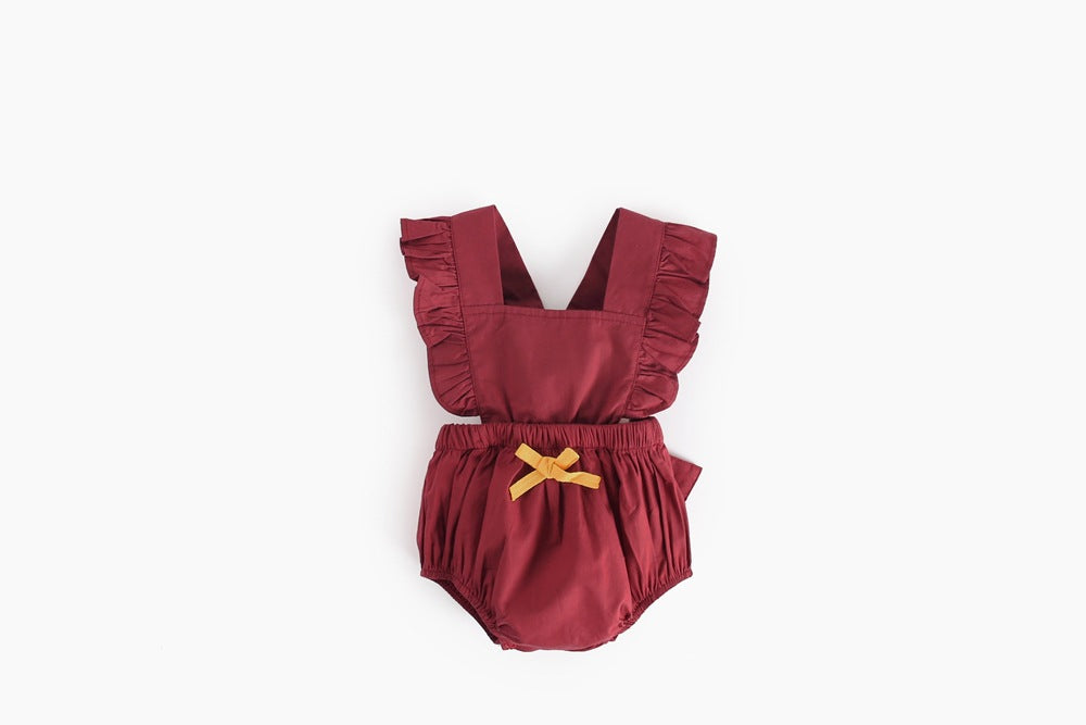 Baby girl sleeveless backless outfit featuring square collar and lace design in denim fabric, available in multiple colors.