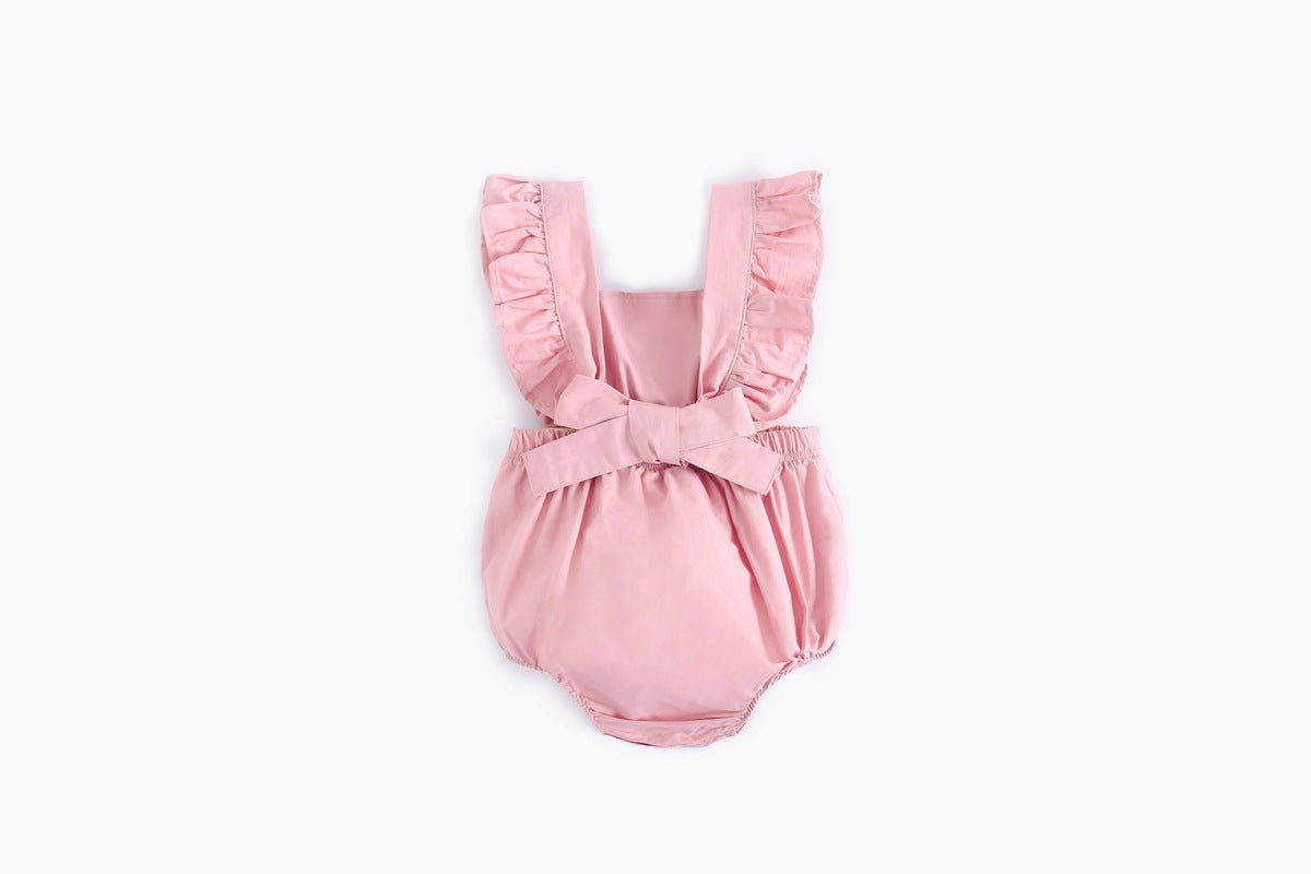 Baby girl sleeveless backless outfit featuring square collar and lace design in denim fabric, available in multiple colors.