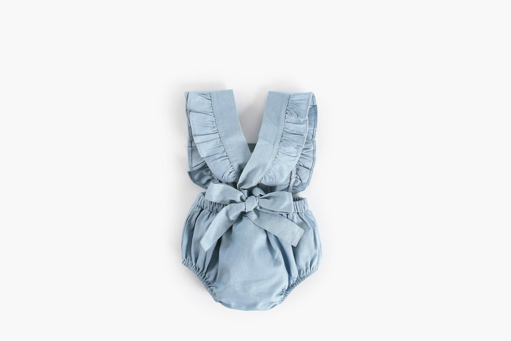 Baby girl sleeveless backless outfit featuring square collar and lace design in denim fabric, available in multiple colors.