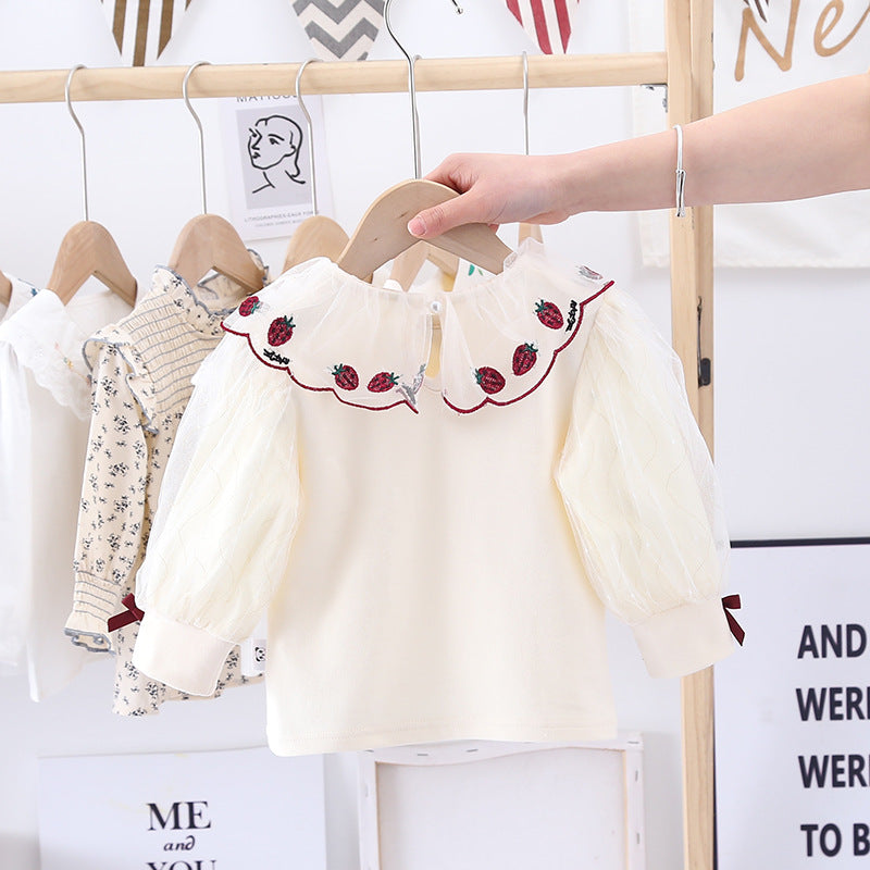 Baby Girl Strawberries Embroidered Shirt with puff sleeves and bow, in apricot color, perfect for spring and autumn.