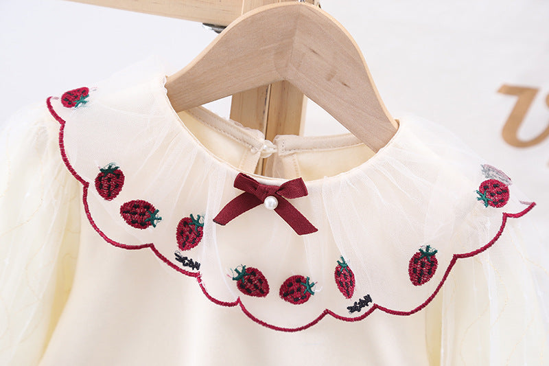 Baby Girl Strawberries Embroidered Shirt with puff sleeves and bow, in apricot color, perfect for spring and autumn.