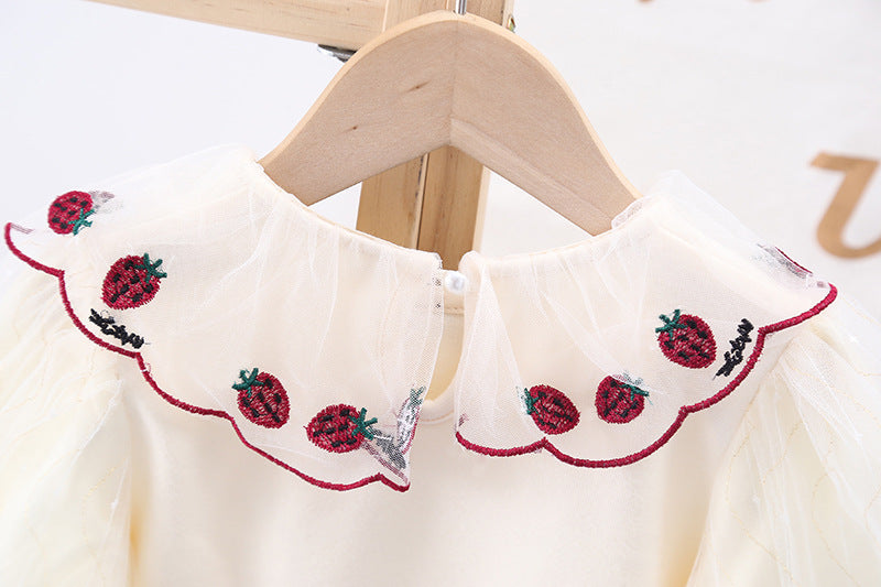 Baby Girl Strawberries Embroidered Shirt with puff sleeves and bow, in apricot color, perfect for spring and autumn.