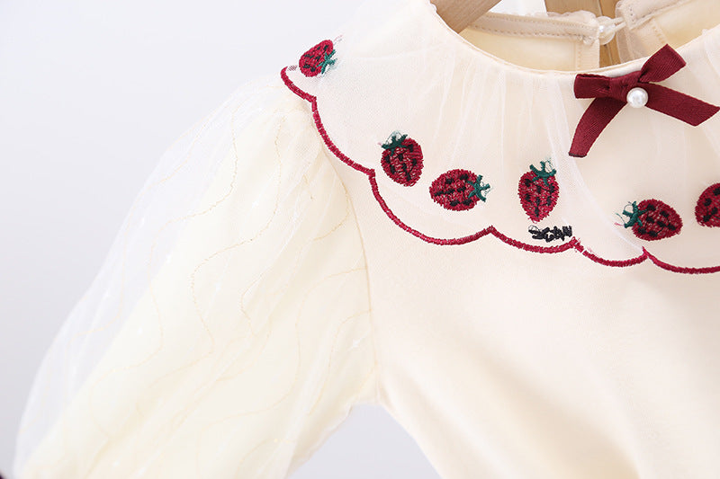 Baby Girl Strawberries Embroidered Shirt with puff sleeves and bow, in apricot color, perfect for spring and autumn.