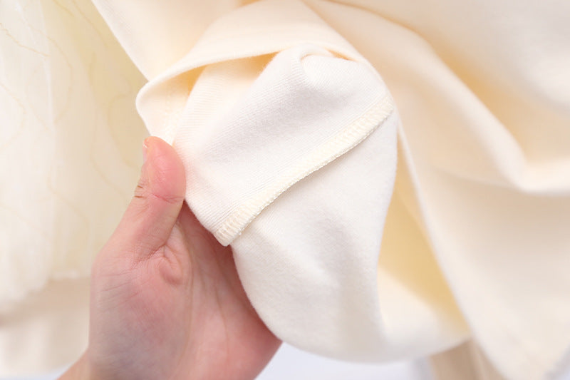 Baby Girl Strawberries Embroidered Shirt with puff sleeves and bow, in apricot color, perfect for spring and autumn.