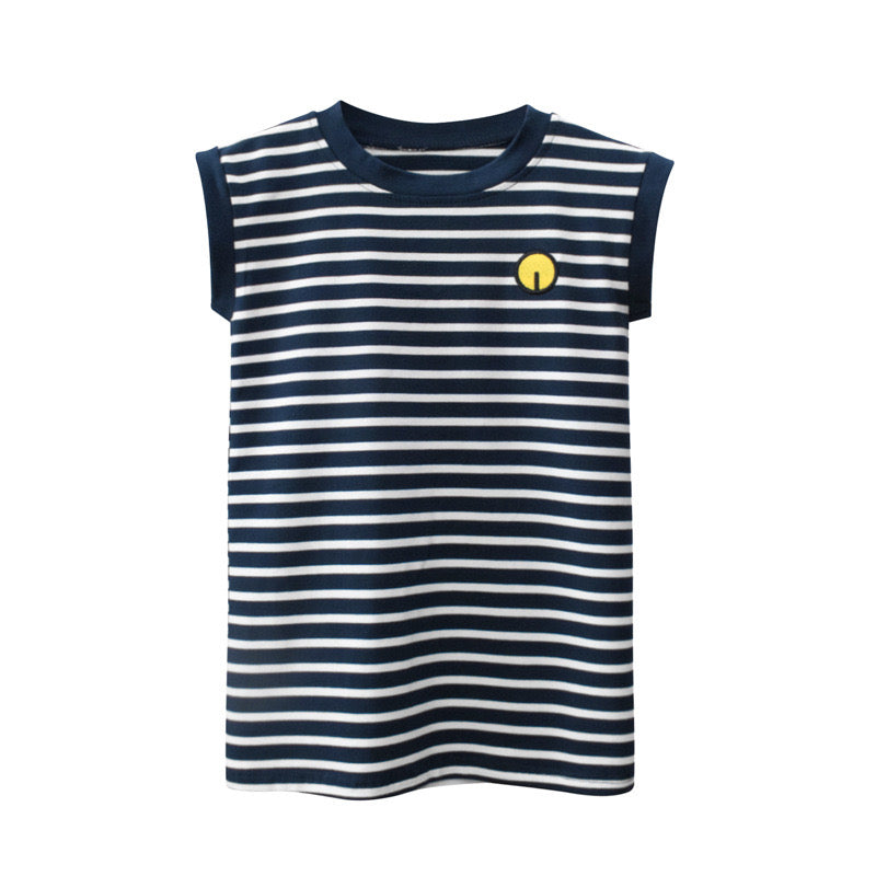 Baby girl sleeveless vest top featuring a striped pattern and embroidered design in black color.