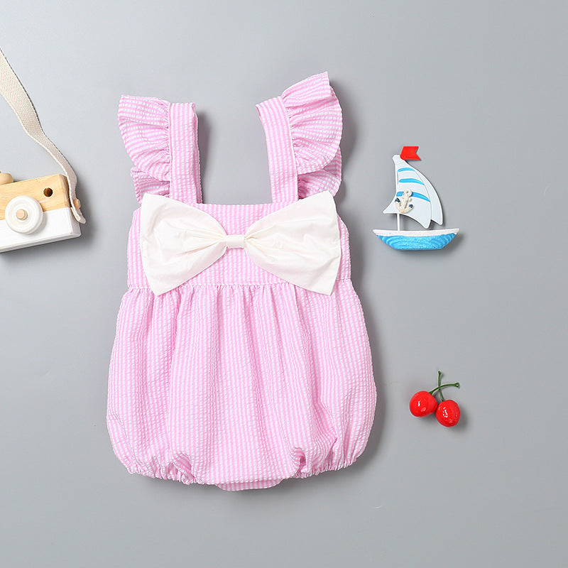 Baby girl sleeveless onesie featuring a striped pattern with ribbon patchwork and ruffle cuffs in pink and blue colors.