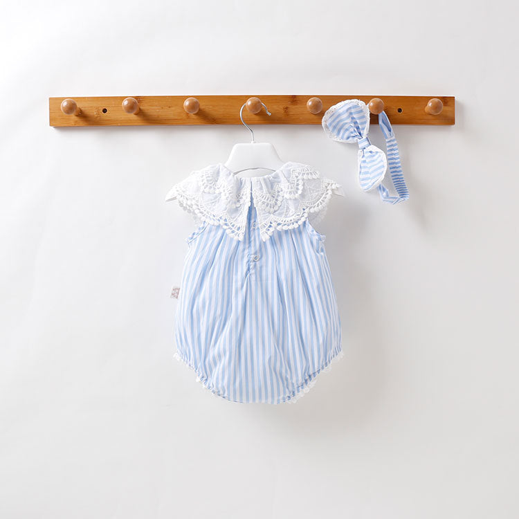 Baby Girl Stripped Pattern Ruffles Collar Onesie in blue with colorful stripes and frilly collar, perfect for summer wear.