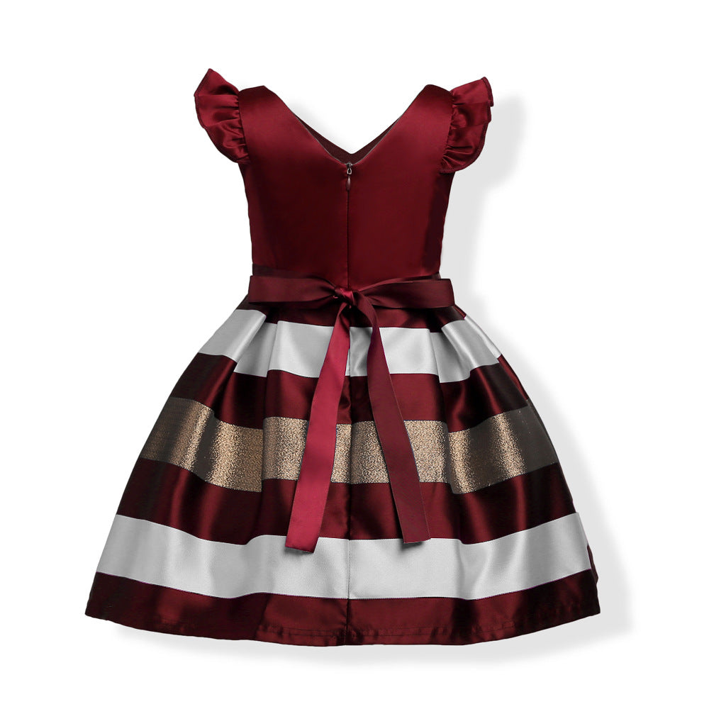 Baby girl wearing a striped pattern V-neck western style formal dress in vibrant colors, perfect for summer occasions.