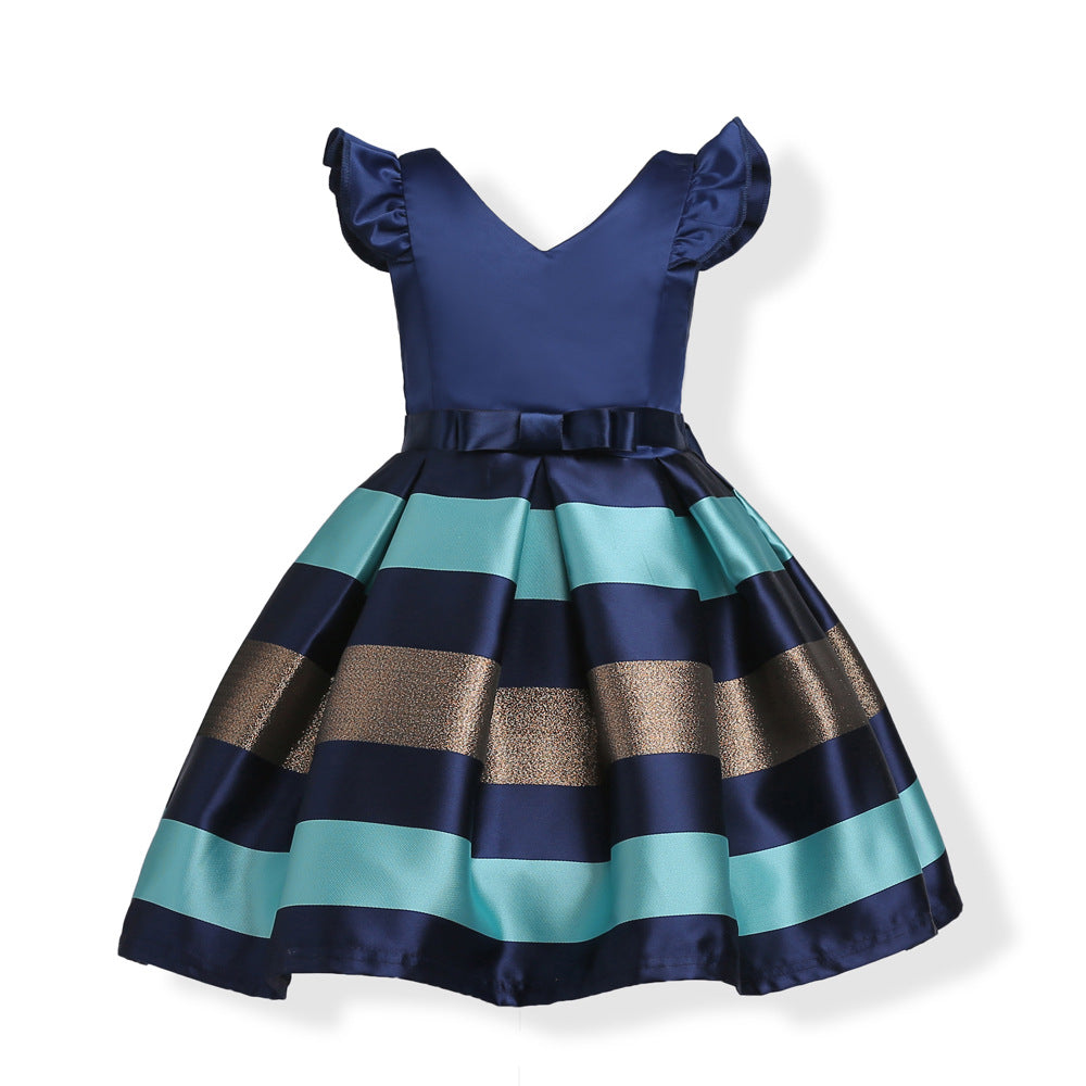 Baby girl wearing a striped pattern V-neck western style formal dress in vibrant colors, perfect for summer occasions.