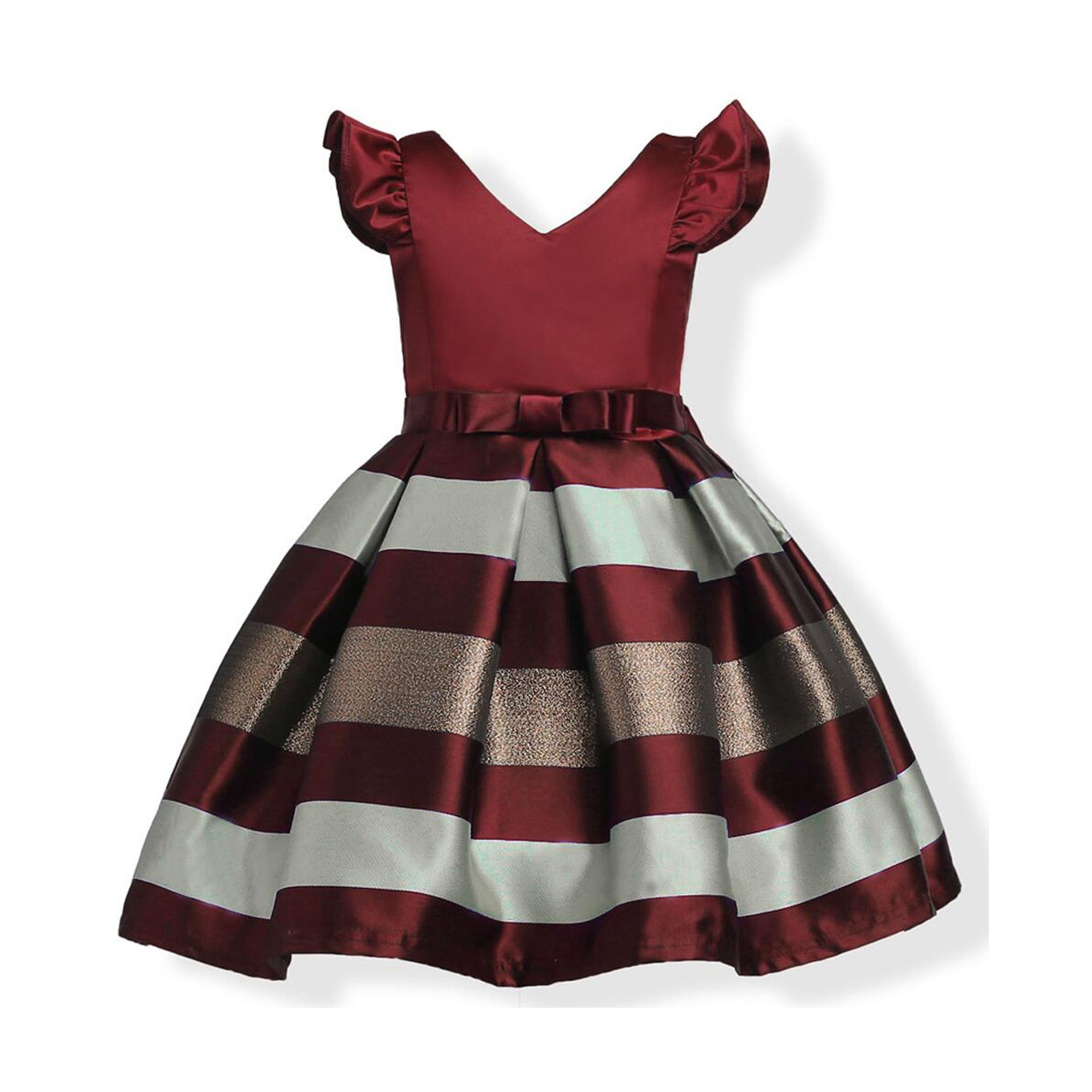 Baby girl wearing a striped pattern V-neck western style formal dress in vibrant colors, perfect for summer occasions.