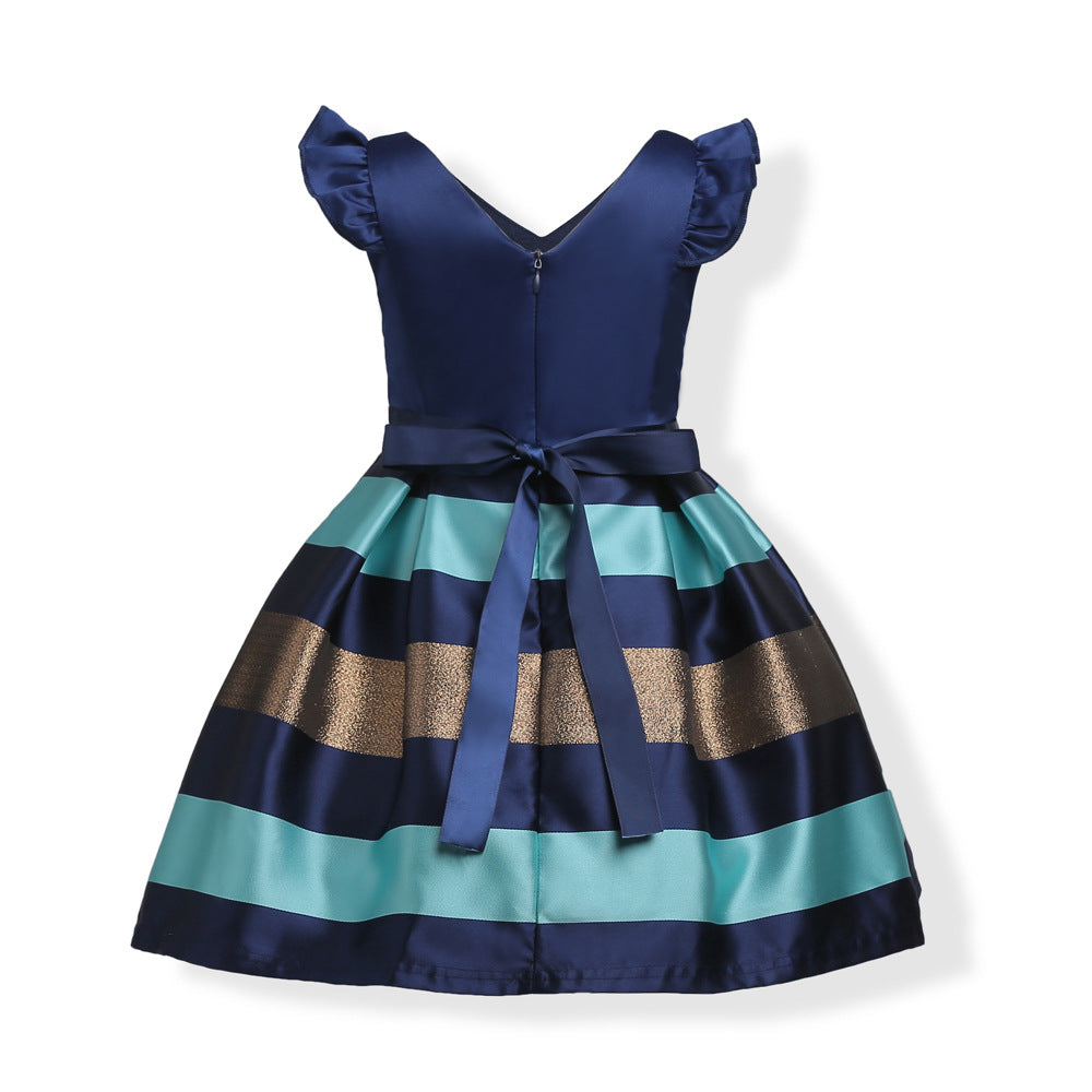 Baby girl wearing a striped pattern V-neck western style formal dress in vibrant colors, perfect for summer occasions.