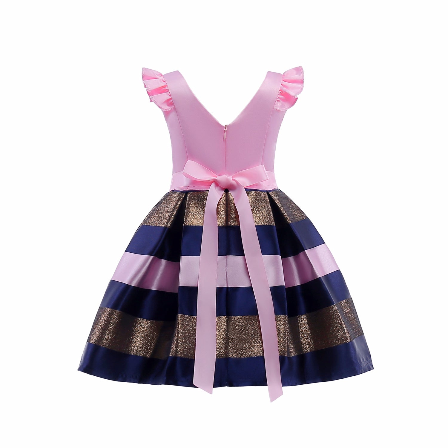 Baby girl wearing a striped pattern V-neck western style formal dress in vibrant colors, perfect for summer occasions.