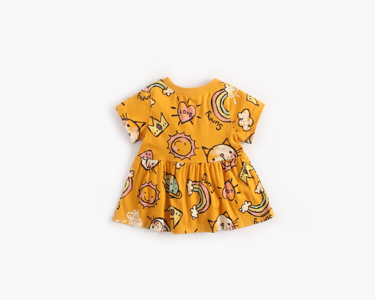 A bright yellow baby girl's dress featuring a cartoon print with animals and rainbows, perfect for summer wear.