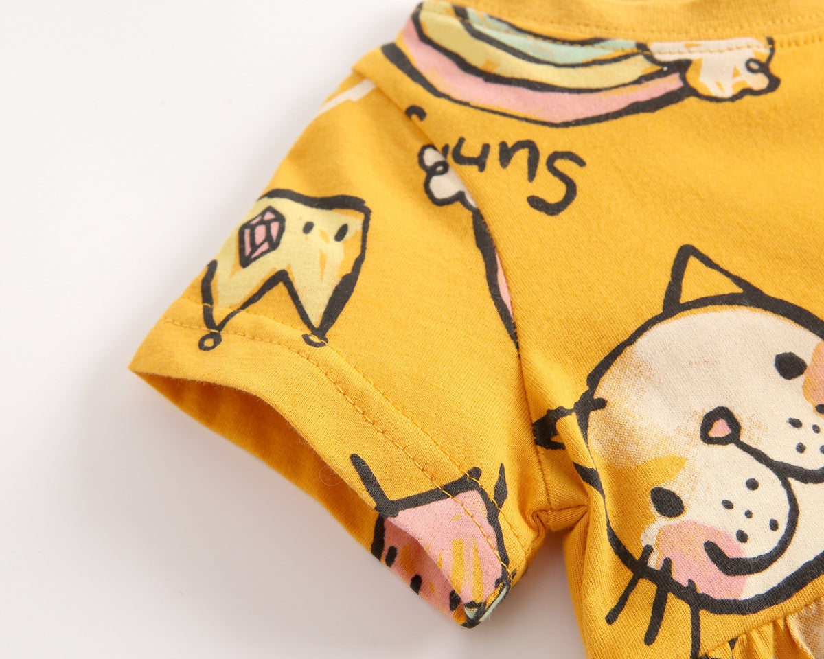 A bright yellow baby girl's dress featuring a cartoon print with animals and rainbows, perfect for summer wear.
