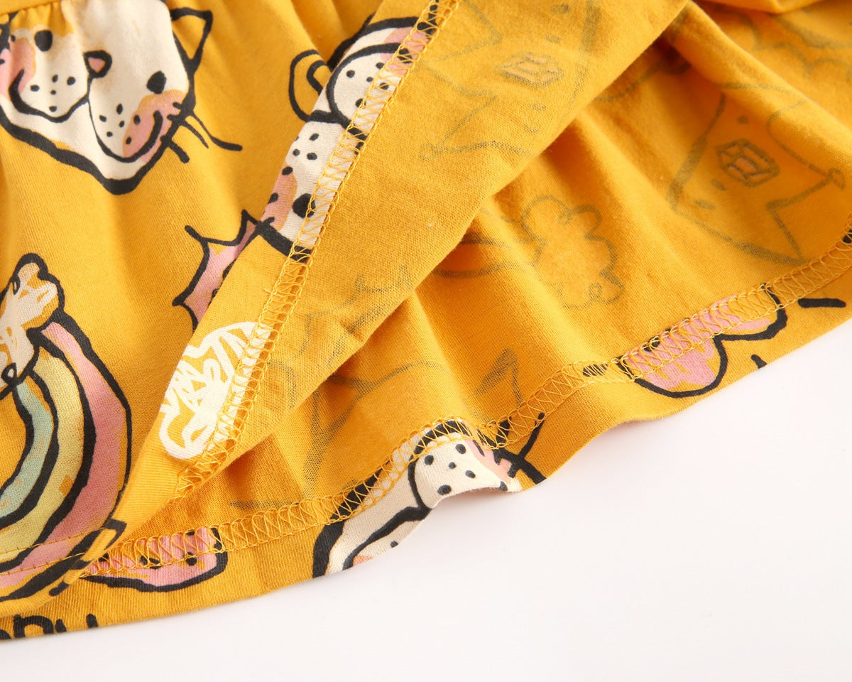 A bright yellow baby girl's dress featuring a cartoon print with animals and rainbows, perfect for summer wear.