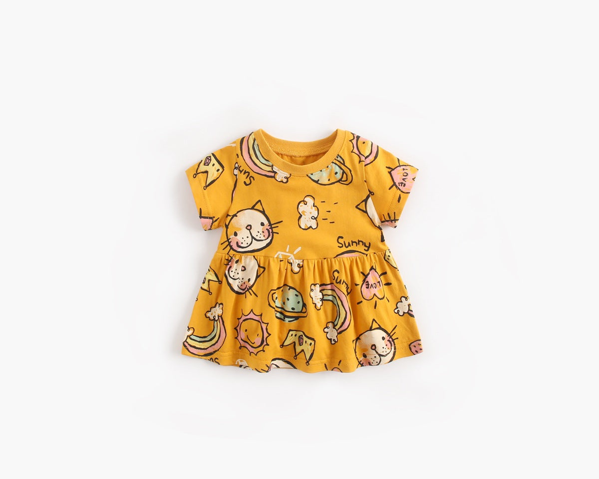 A bright yellow baby girl's dress featuring a cartoon print with animals and rainbows, perfect for summer wear.
