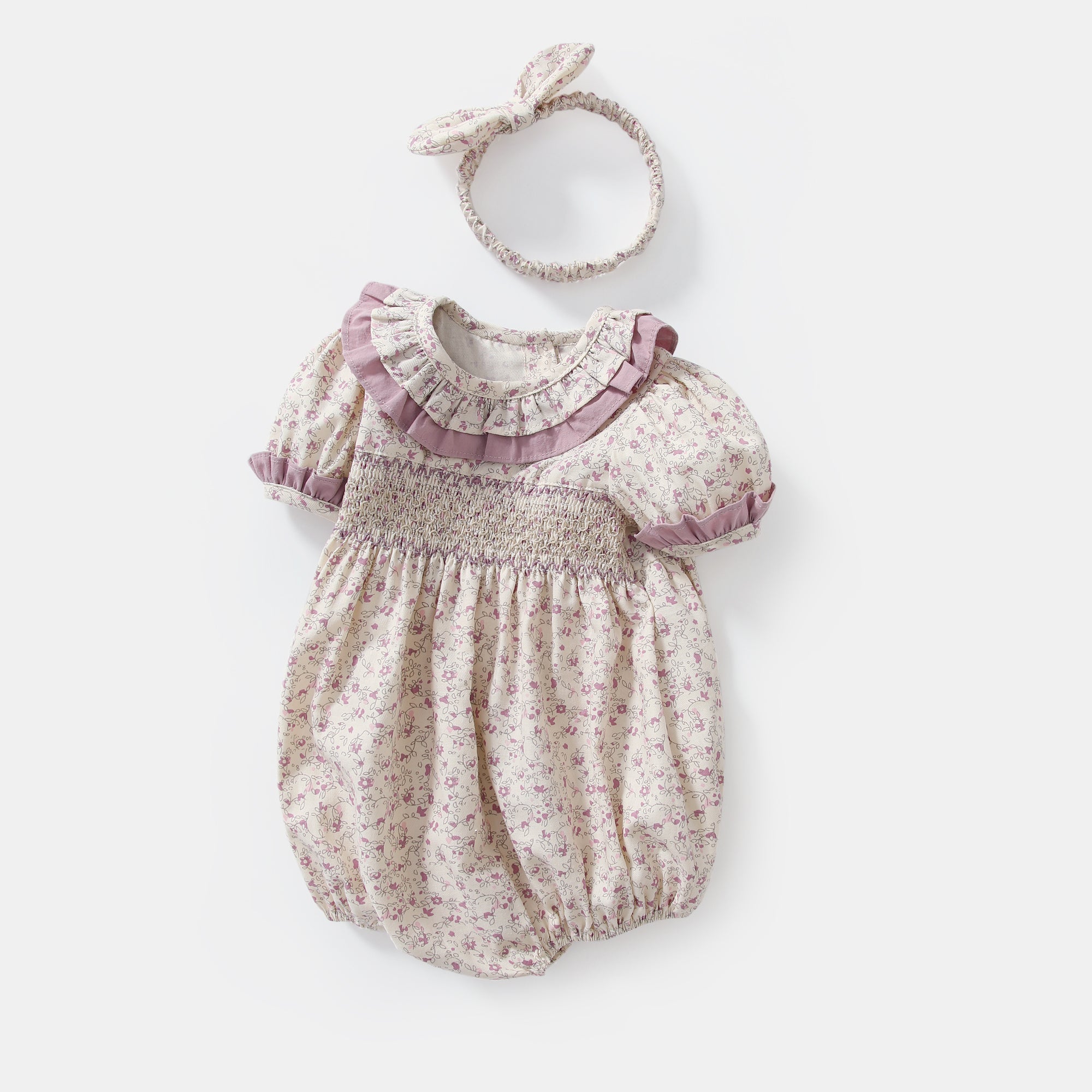 Baby girl wearing a floral print doll collar onesie with a matching headband, showcasing a stylish summer outfit.