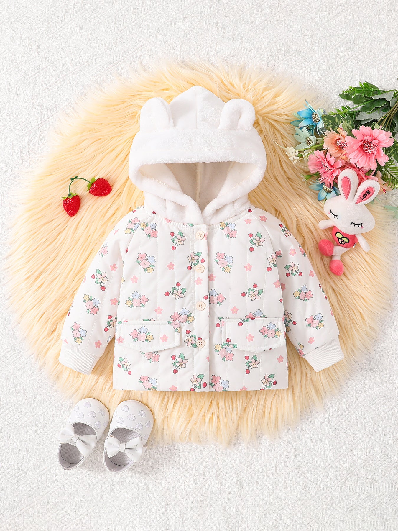 Baby girls floral white rabbit hoodie, featuring a cute design with floral patterns and a cozy fit, perfect for winter wear.