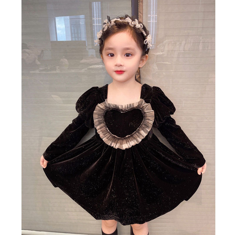 Baby Girls Heart Shape Ruffle Square Neck Long Sleeved Black Princess dress featuring a heart pattern and ruffle details, perfect for young girls.
