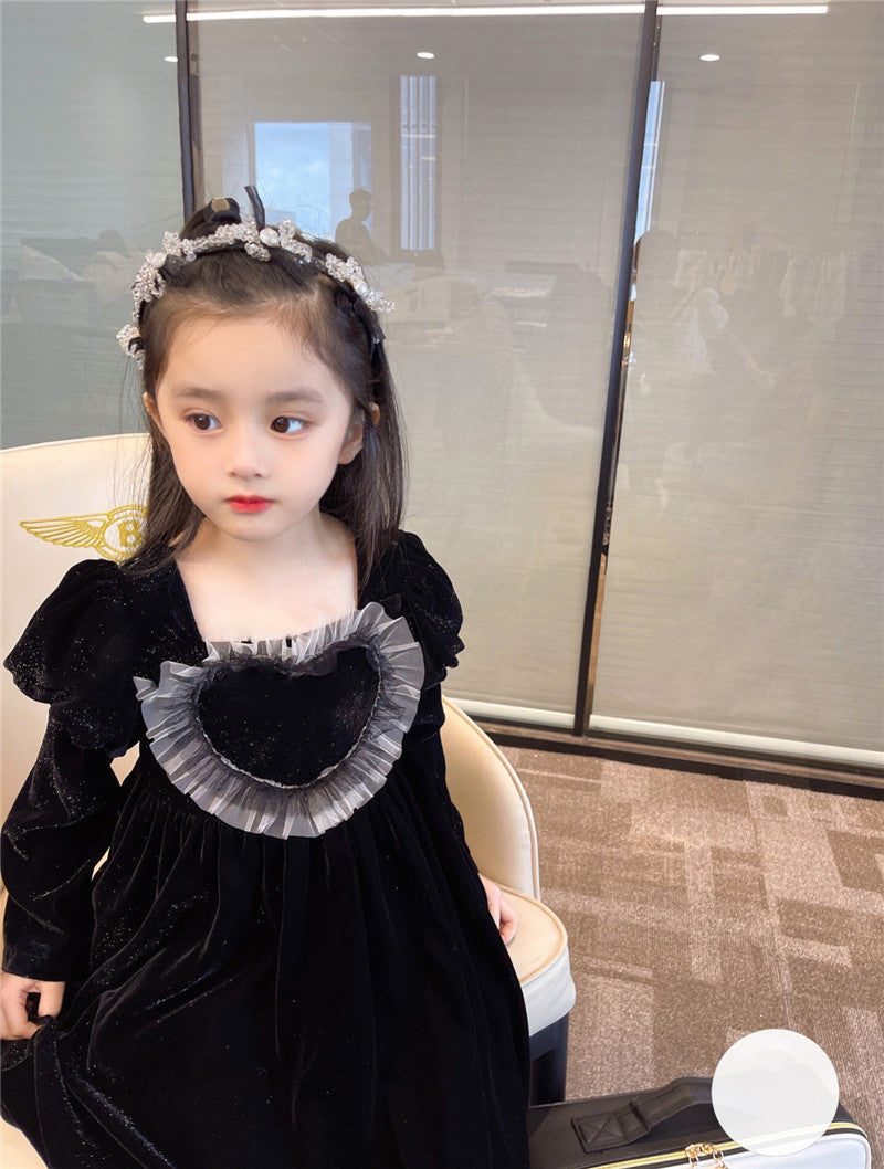 Baby Girls Heart Shape Ruffle Square Neck Long Sleeved Black Princess dress featuring a heart pattern and ruffle details, perfect for young girls.