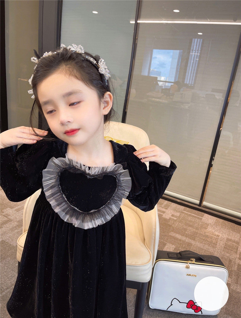 Baby Girls Heart Shape Ruffle Square Neck Long Sleeved Black Princess dress featuring a heart pattern and ruffle details, perfect for young girls.