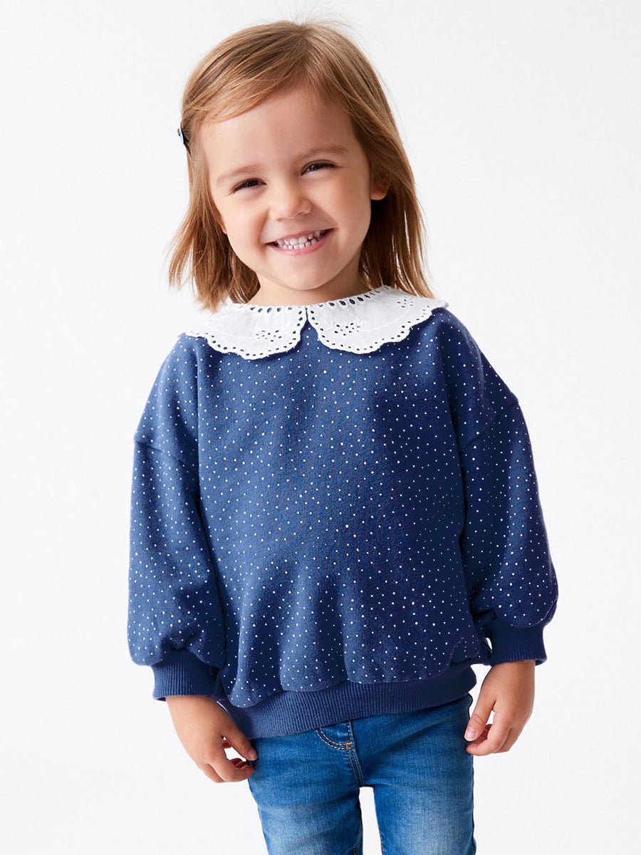 Baby girls long sleeve pullover with lace trim and Peter Pan collar in pink, blue, and khaki colors, suitable for ages 12 months to 10 years.