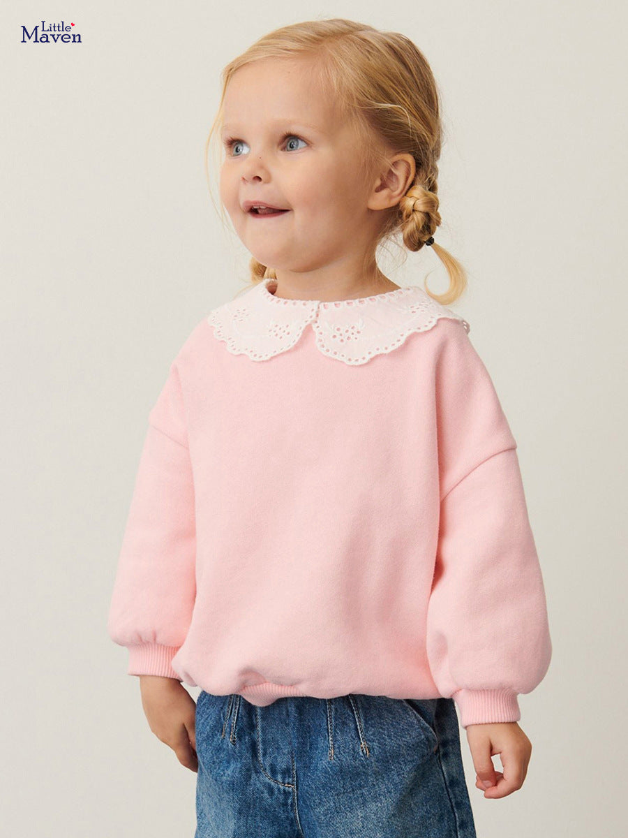 Baby girls long sleeve pullover with lace trim and Peter Pan collar in pink, blue, and khaki colors, suitable for ages 12 months to 10 years.