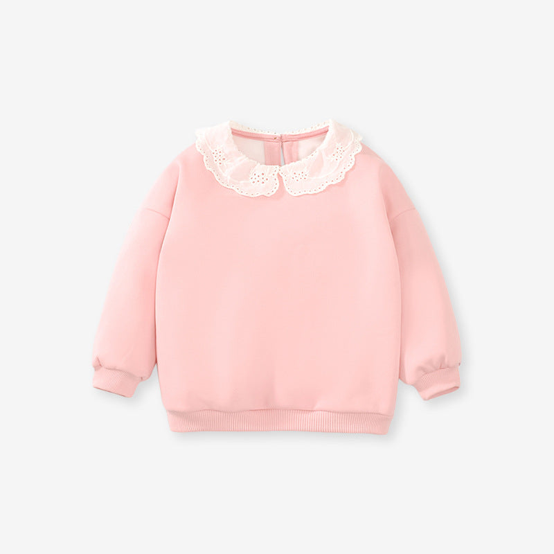 Baby girls long sleeve pullover with lace trim and Peter Pan collar in pink, blue, and khaki colors, suitable for ages 12 months to 10 years.