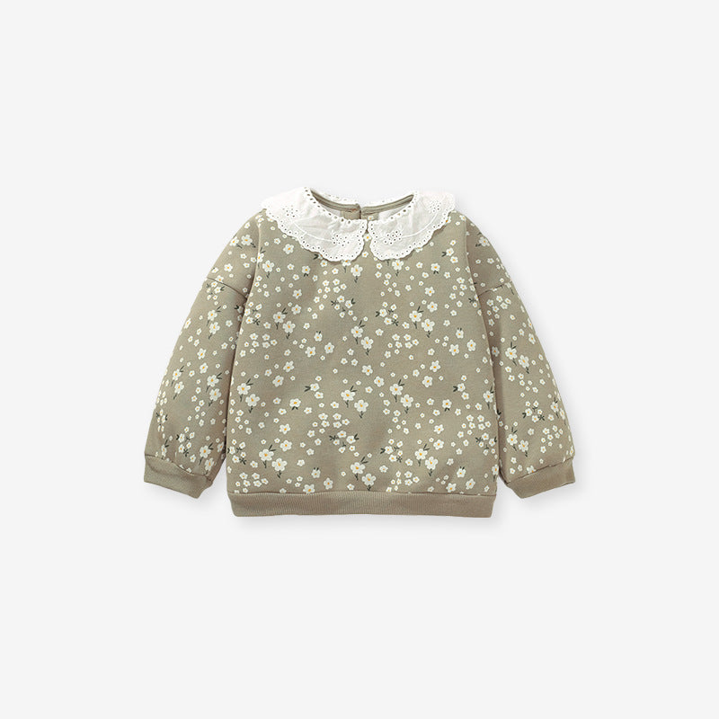 Baby girls long sleeve pullover with lace trim and Peter Pan collar in pink, blue, and khaki colors, suitable for ages 12 months to 10 years.