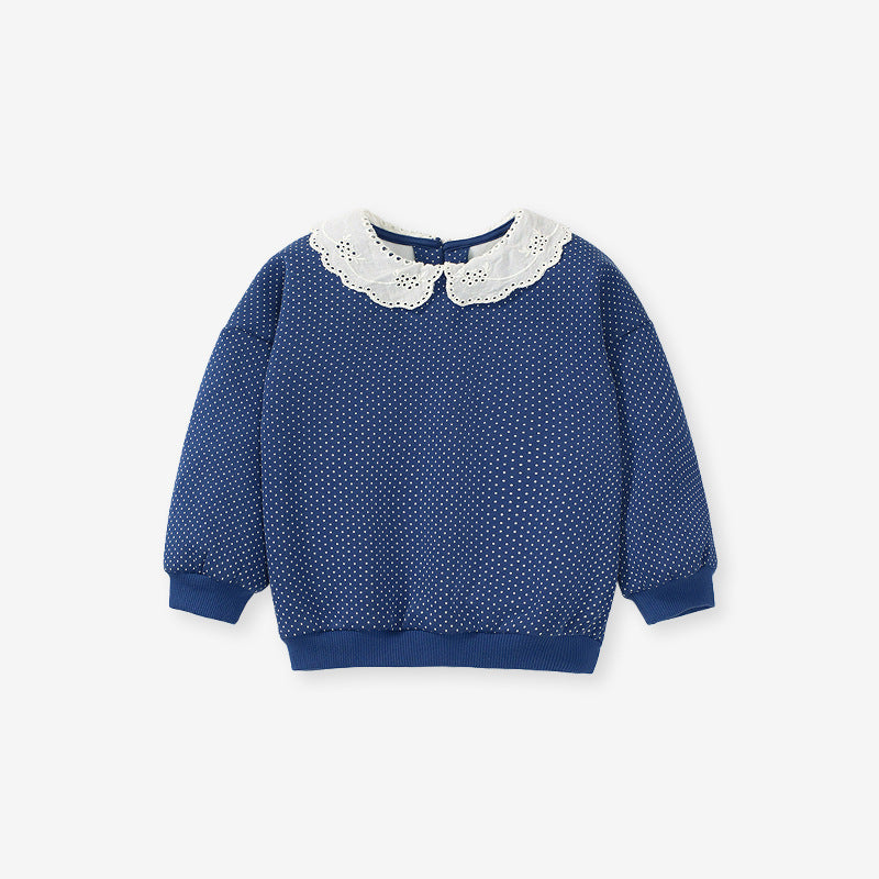 Baby girls long sleeve pullover with lace trim and Peter Pan collar in pink, blue, and khaki colors, suitable for ages 12 months to 10 years.