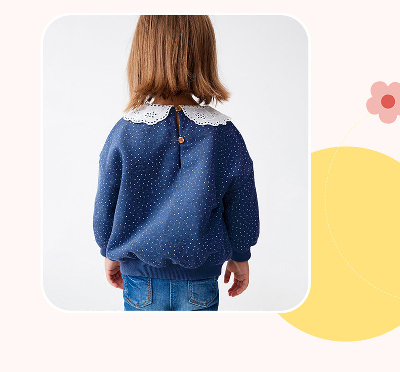 Baby girls long sleeve pullover with lace trim and Peter Pan collar in pink, blue, and khaki colors, suitable for ages 12 months to 10 years.