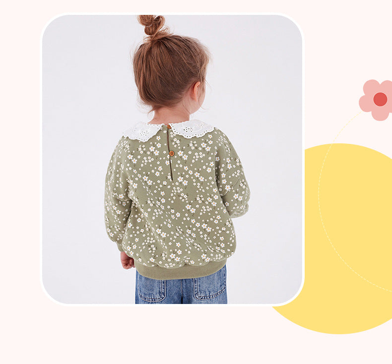 Baby girls long sleeve pullover with lace trim and Peter Pan collar in pink, blue, and khaki colors, suitable for ages 12 months to 10 years.