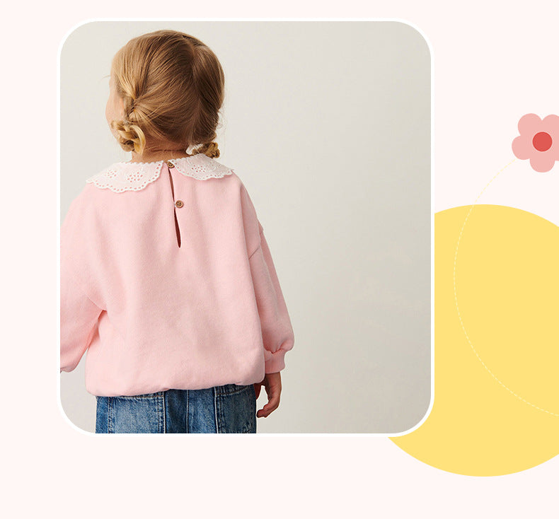 Baby girls long sleeve pullover with lace trim and Peter Pan collar in pink, blue, and khaki colors, suitable for ages 12 months to 10 years.