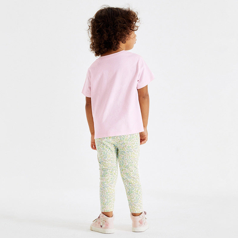 Baby girls floral rabbit cartoon pattern t-shirt and pants set in pink, made of soft cotton, perfect for spring and summer wear.