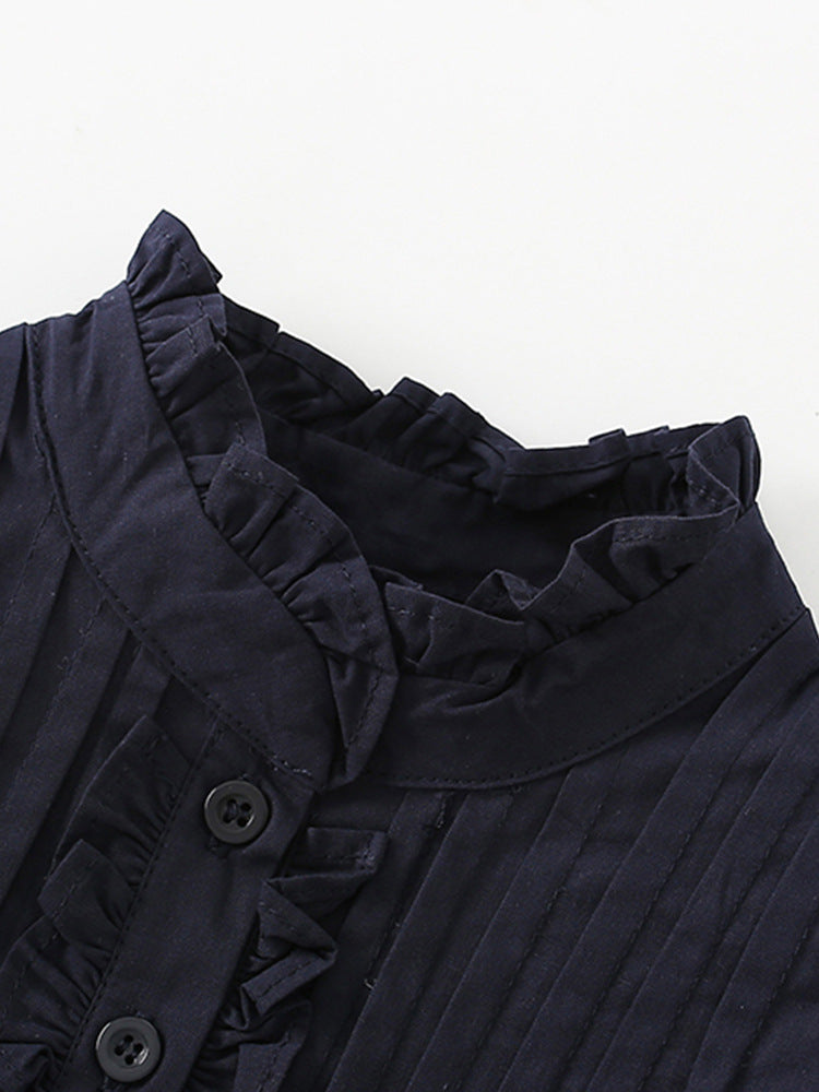 Baby girls solid color short sleeve ruffle crew neck dress in black, made from cotton and polyester, perfect for spring and summer wear.