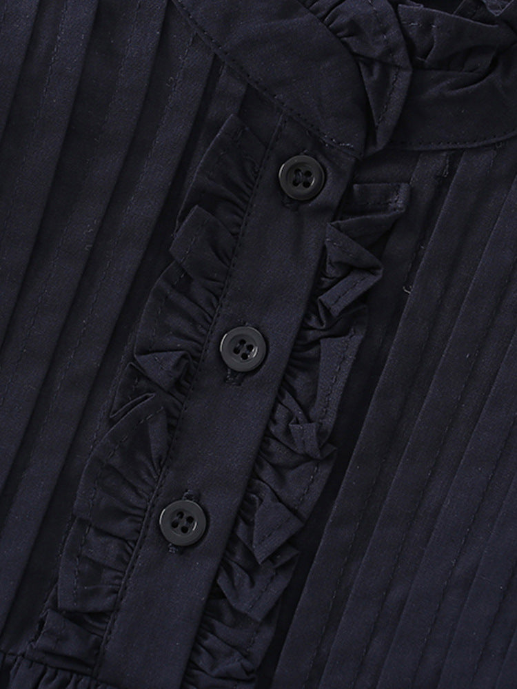 Baby girls solid color short sleeve ruffle crew neck dress in black, made from cotton and polyester, perfect for spring and summer wear.