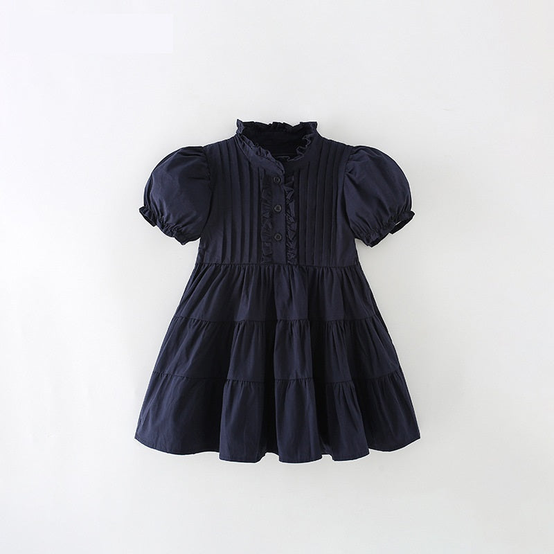 Baby girls solid color short sleeve ruffle crew neck dress in black, made from cotton and polyester, perfect for spring and summer wear.