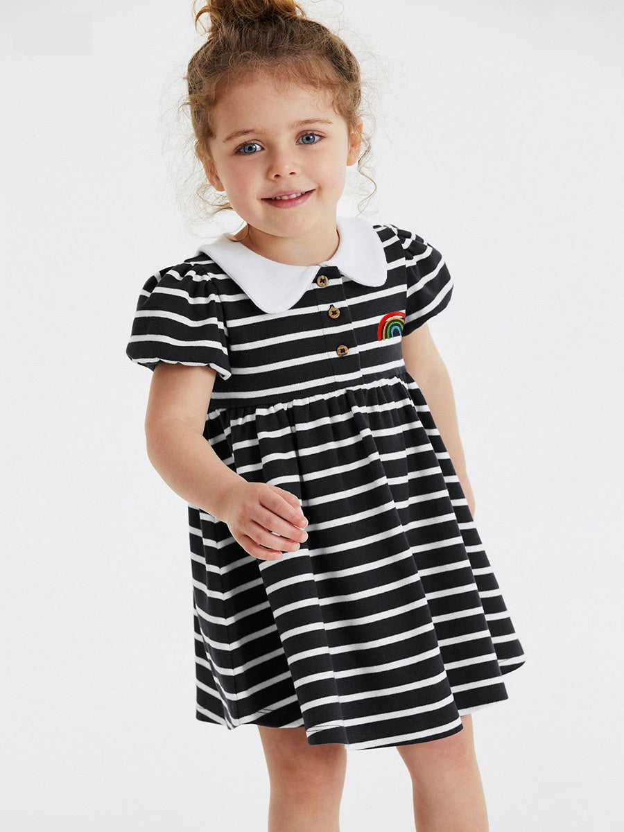 Baby girls' dress featuring a Peter Pan collar, short sleeves, and a striped rainbow pattern, perfect for summer wear.