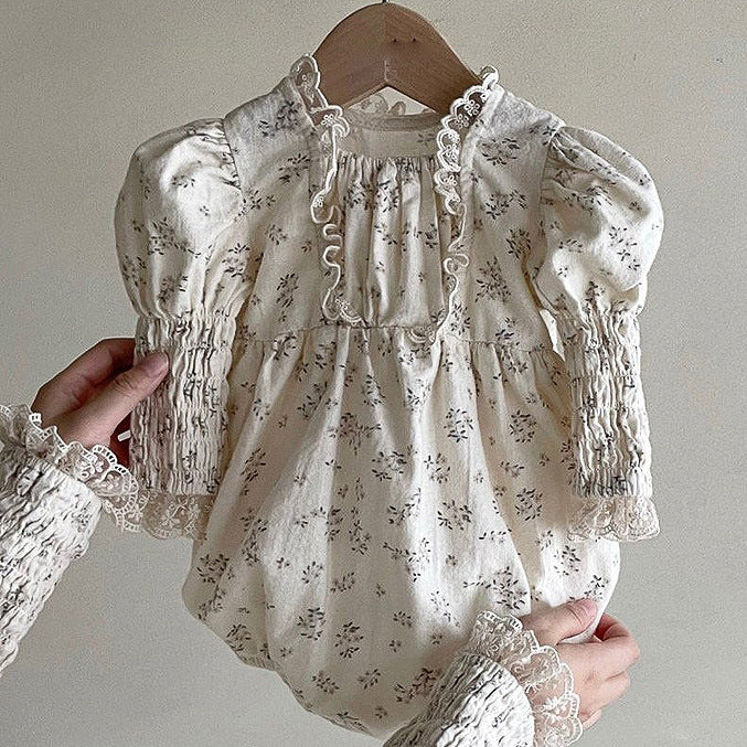 Baby girls' beige floral onesie with ruffle lace square neck design, made from soft cotton and polyester, perfect for spring and autumn.