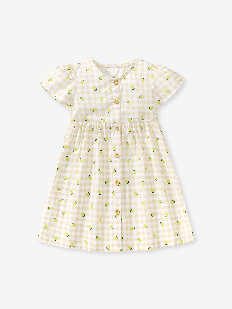 A bright yellow plaid dress for baby girls featuring short sleeves and a lemon print, perfect for summer wear.