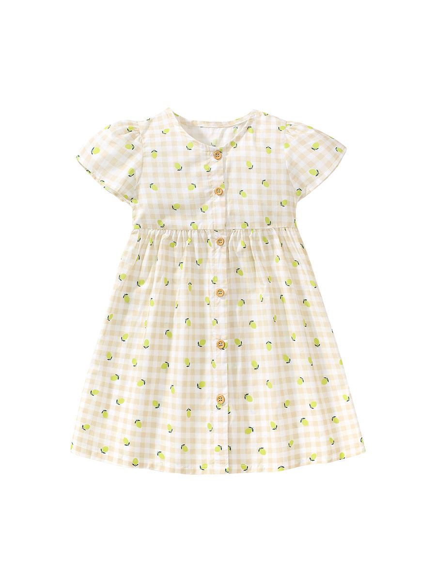A bright yellow plaid dress for baby girls featuring short sleeves and a lemon print, perfect for summer wear.