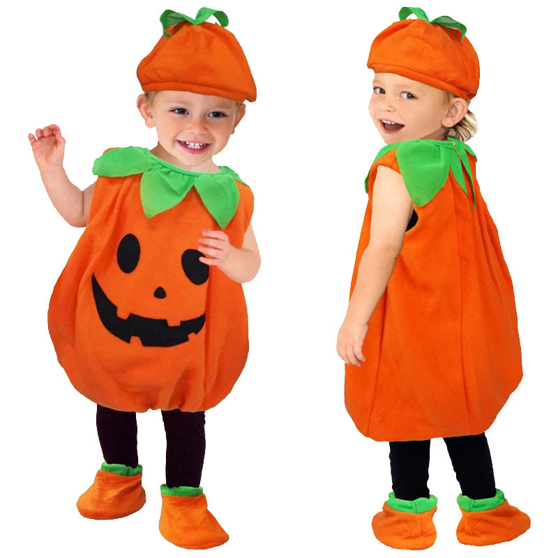 Adorable baby wearing a pumpkin-themed Halloween costume, featuring bright orange color and camouflage pattern.
