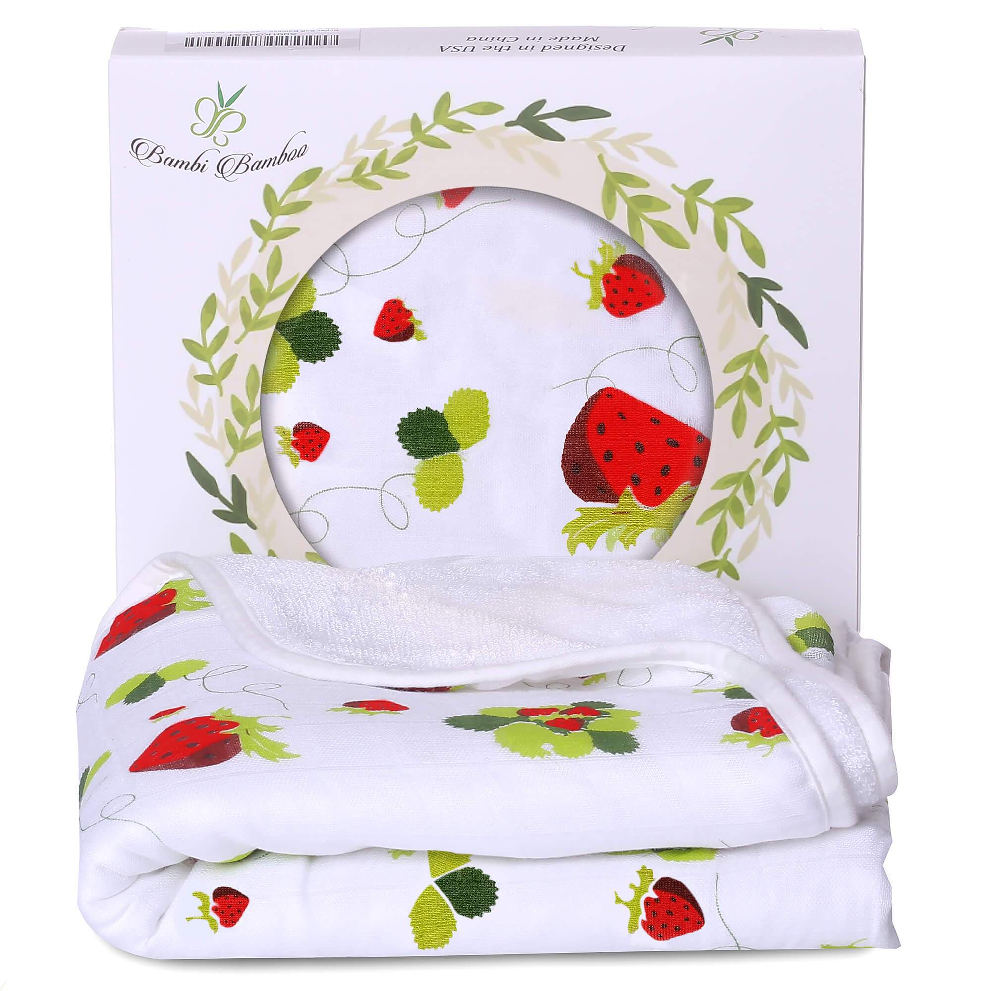 Baby hooded towel featuring a strawberry print, made from buttery soft terry and muslin, perfect for newborns to toddlers.