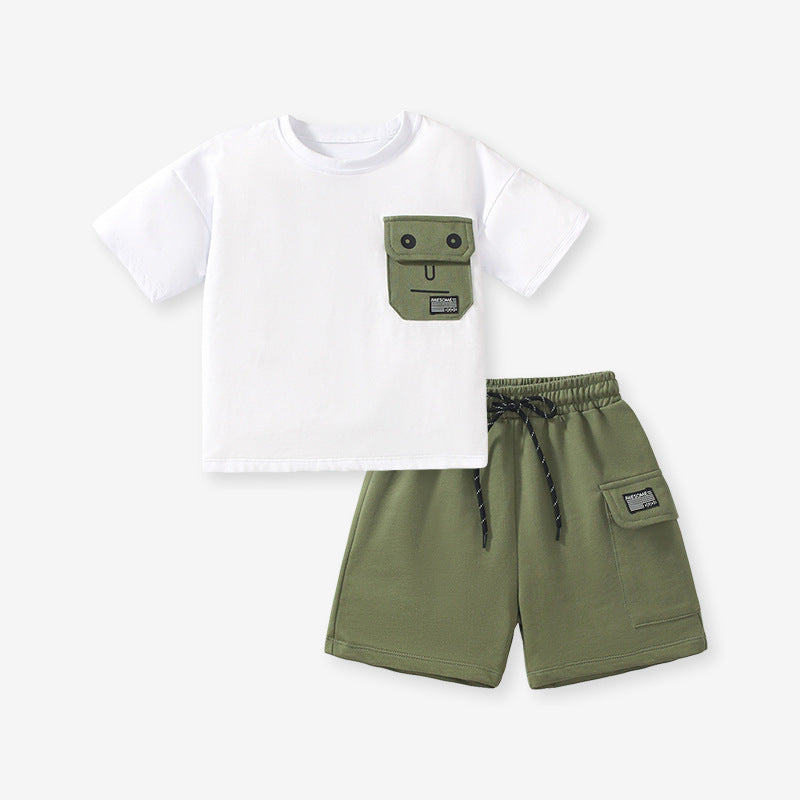 Baby Kids Boys Dumb Face Design T-Shirt and Shorts Casual Clothing Set in green, featuring a playful cartoon design, made from soft cotton.