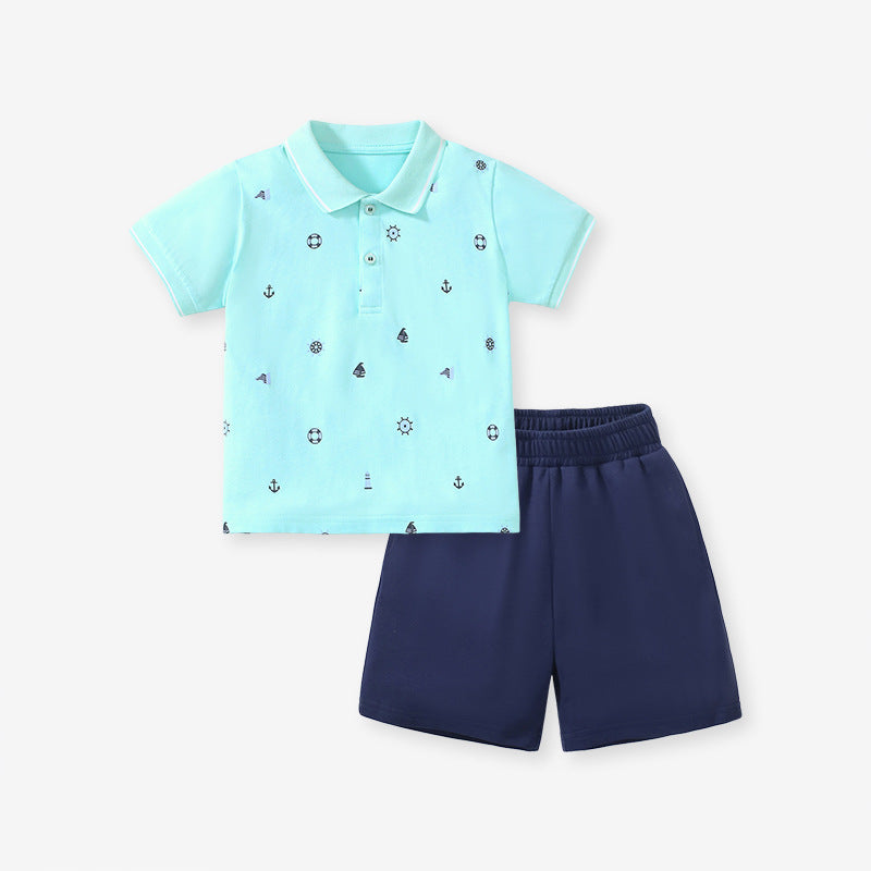 Baby boys marine print polo top and shorts clothing set in white and green, perfect for summer wear.
