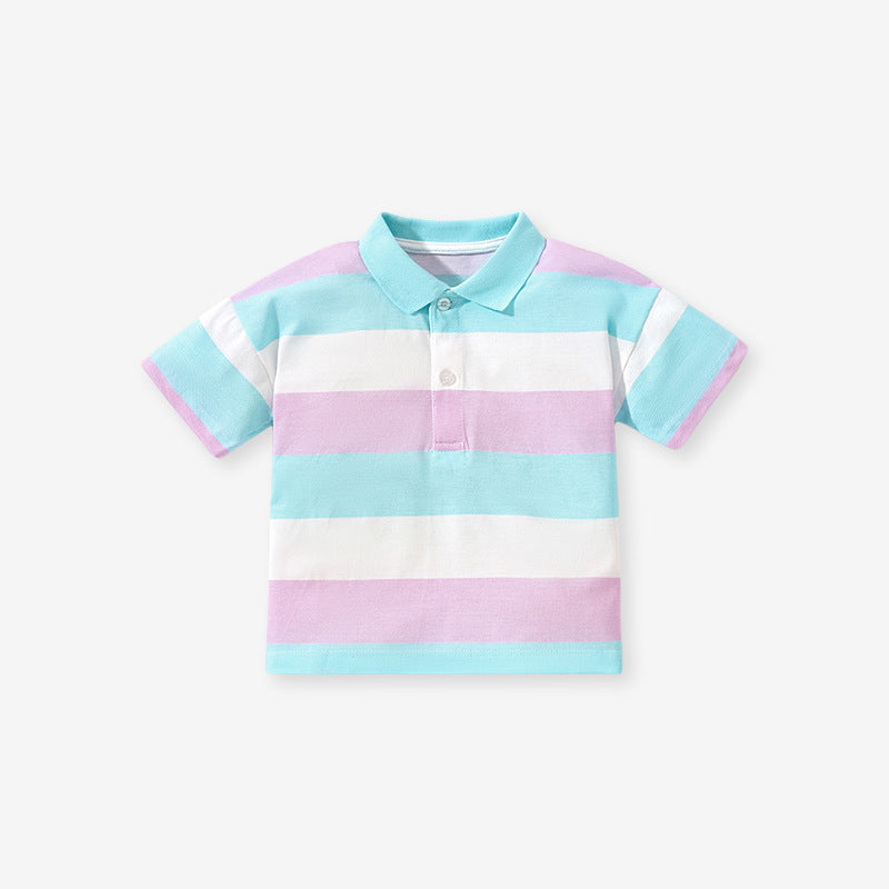Baby Kids Boys Striped Short Sleeves Polo Shirt in blue with a striped pattern, perfect for summer wear.