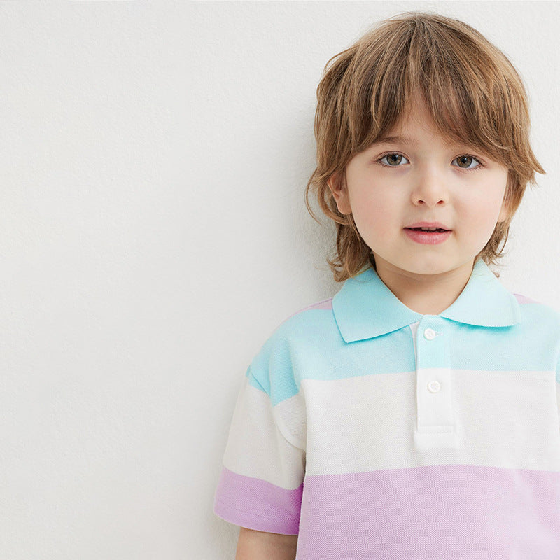 Baby Kids Boys Striped Short Sleeves Polo Shirt in blue with a striped pattern, perfect for summer wear.