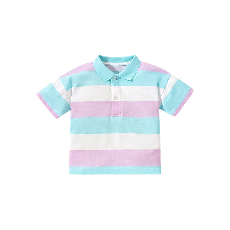 Baby Kids Boys Striped Short Sleeves Polo Shirt in blue with a striped pattern, perfect for summer wear.