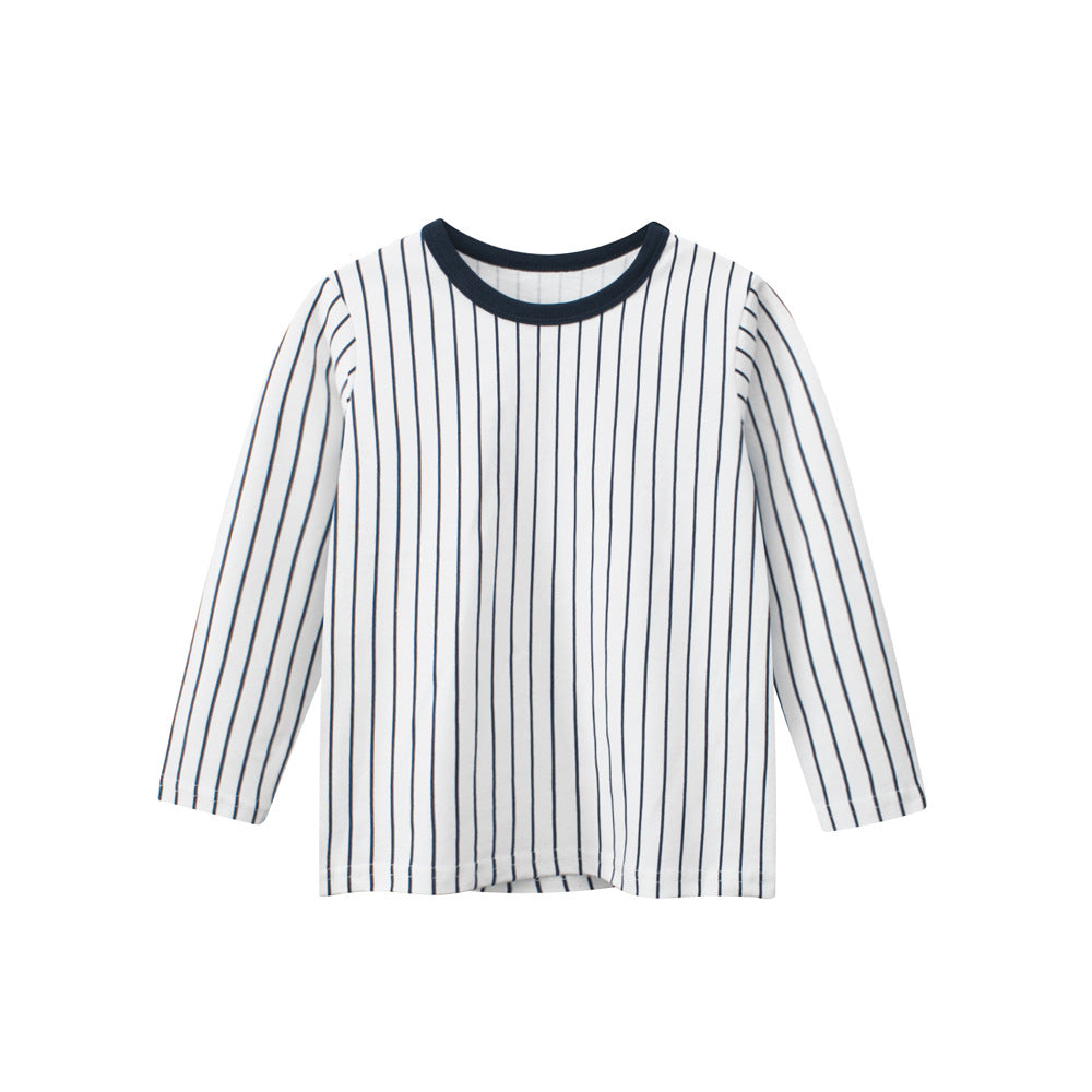 Baby Kids Boys Vertical Stripes Round Neck Long Sleeves Top in white, featuring a stylish striped pattern, perfect for spring and autumn wear.