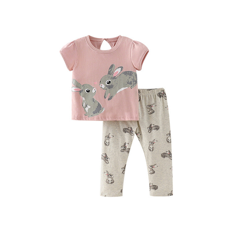 Baby girls' casual clothing set featuring a cartoon short sleeves top and pants in black and pink colors, made from cotton and polyester.